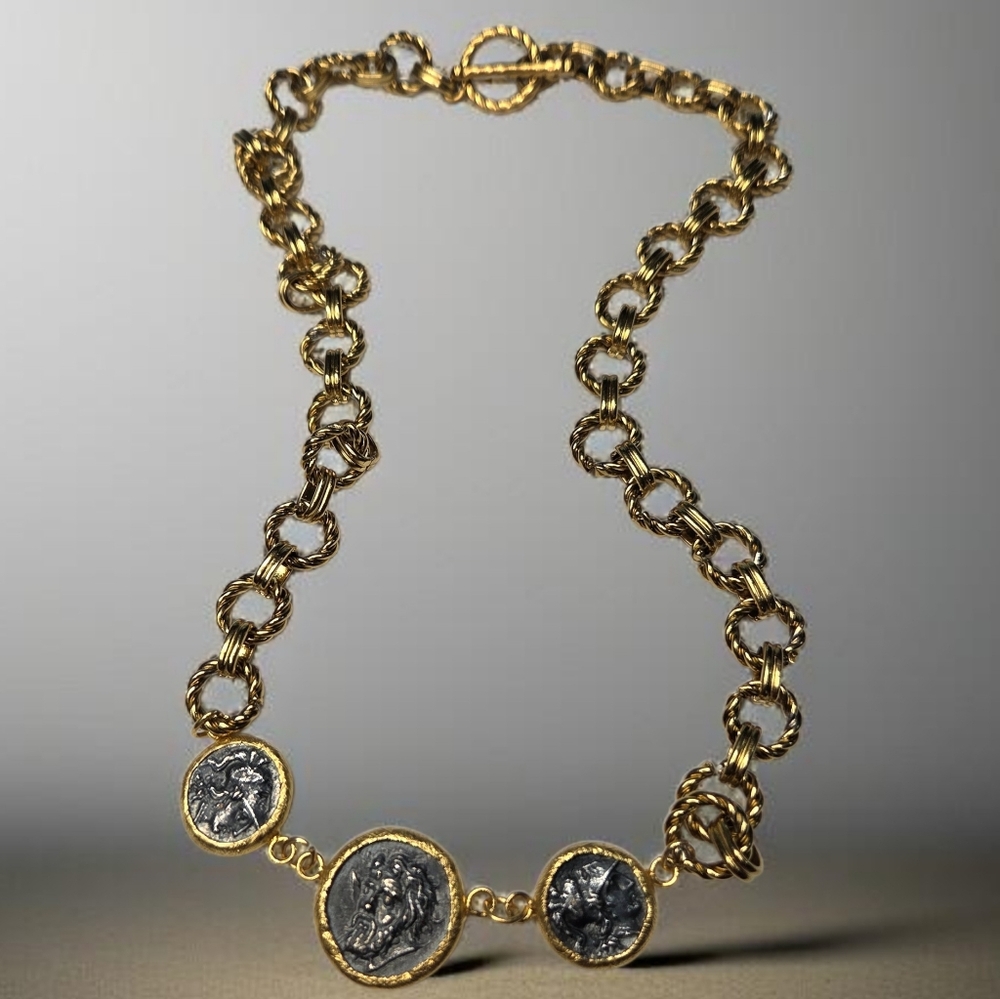 18k Gold Plated Etruscan Ancient Coin Chunky Toggle Artisan Necklace